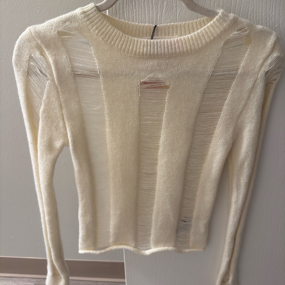 Edikted Cream Distressed Crew Neck Sweater